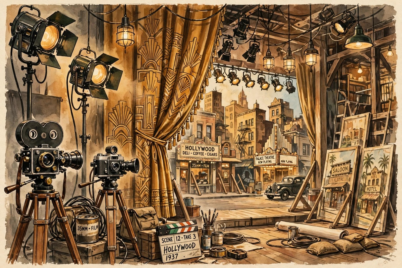 Vintage Hollywood film set illustration with classic cameras, stage lights, and backlot scenery