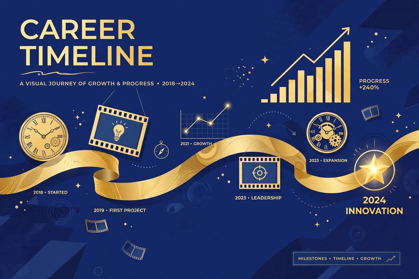 Abstract career timeline illustration with film frames, clock faces, and rising chart lines