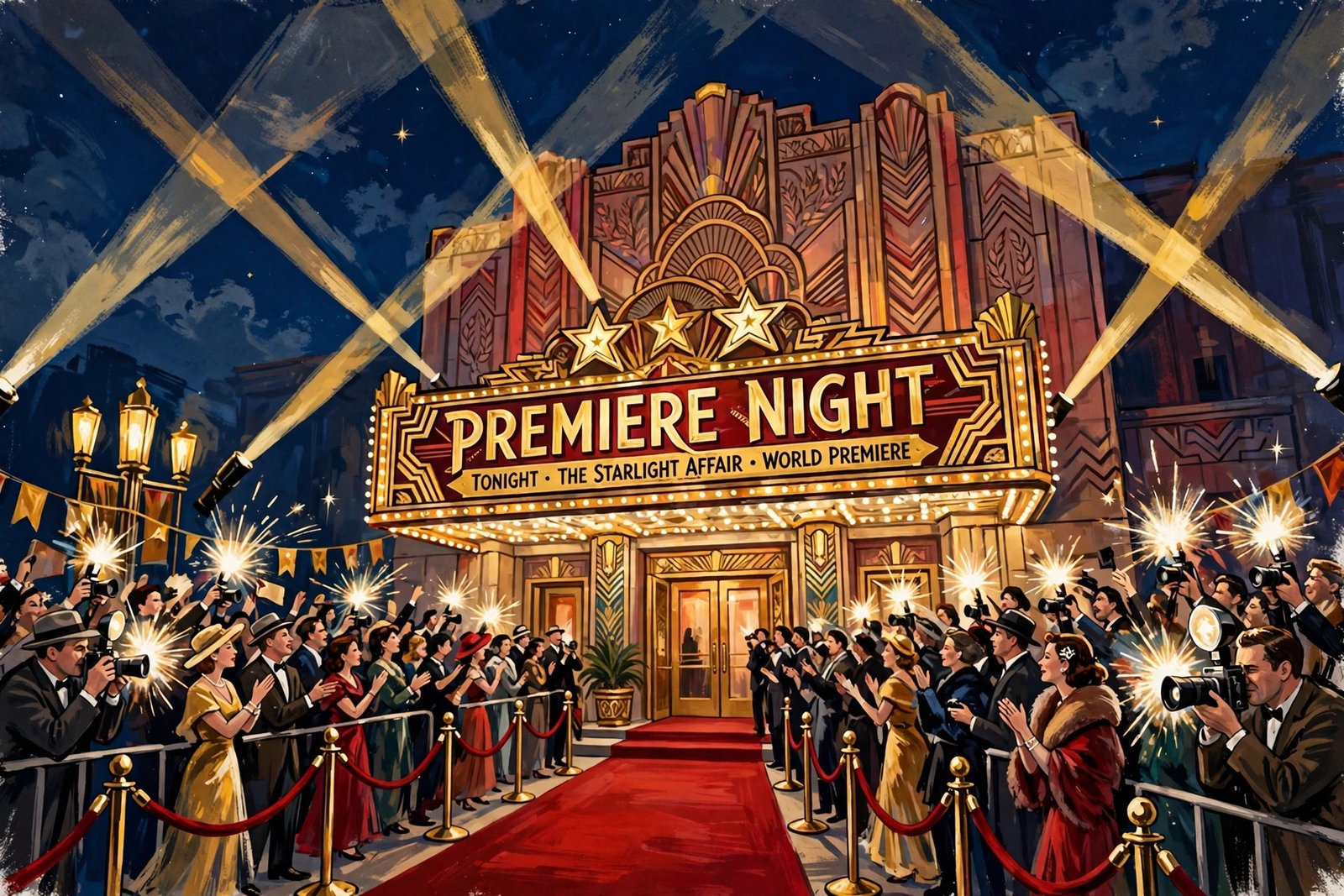 Stylized red carpet premiere night illustration with spotlights, velvet ropes, and a grand entrance