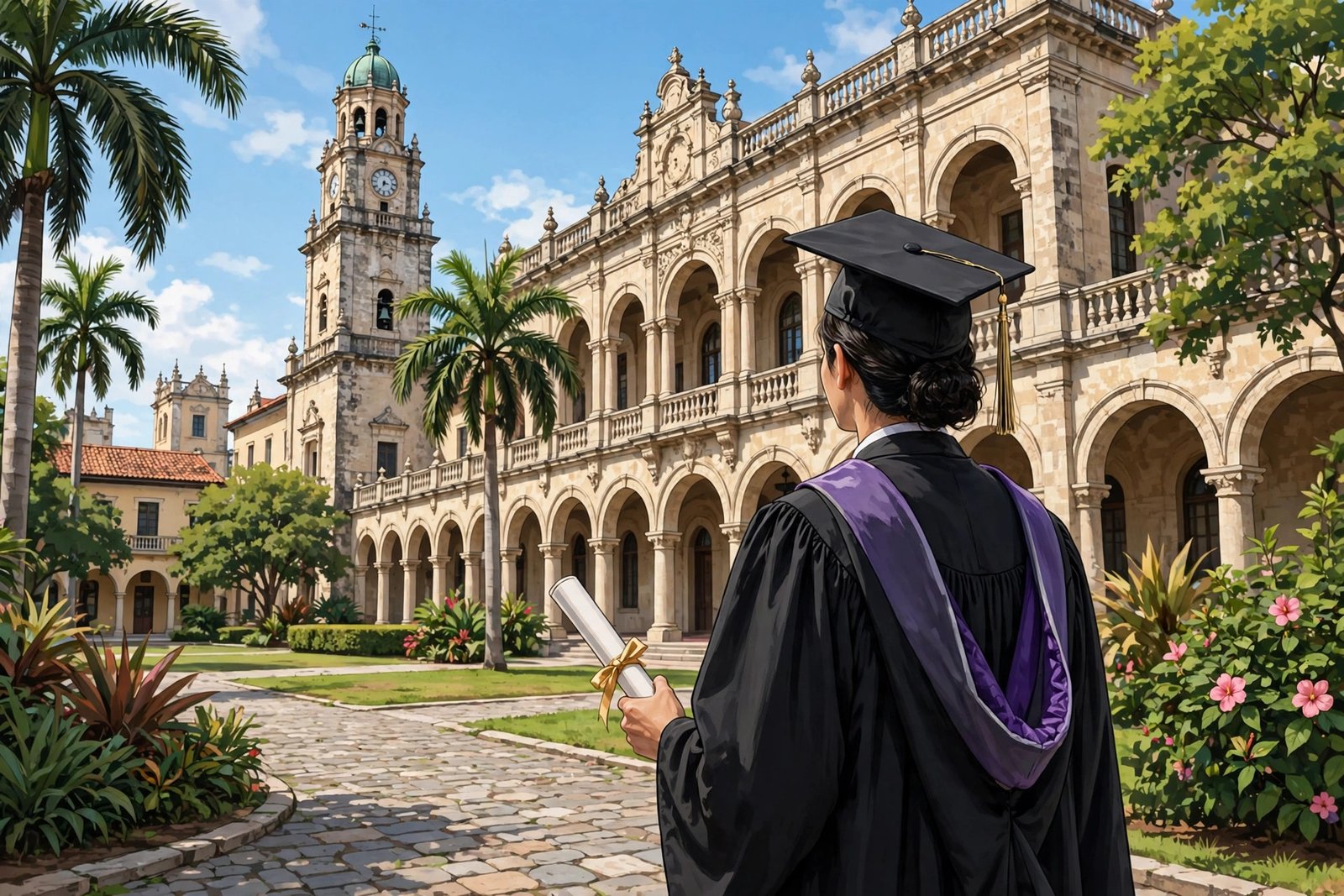 Illustration of a law graduate in front of a historic university building in Puerto Rico, representing Edgardo Canales education