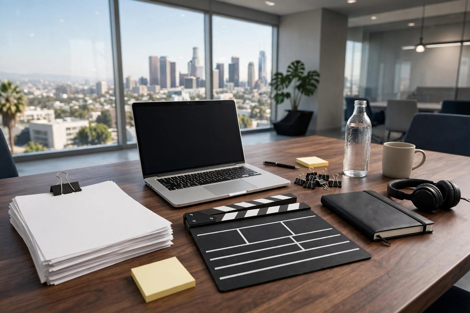 Illustration of film production contracts, a laptop, and a clapperboard on a conference table, representing Edgardo Canales career in entertainment business affairs