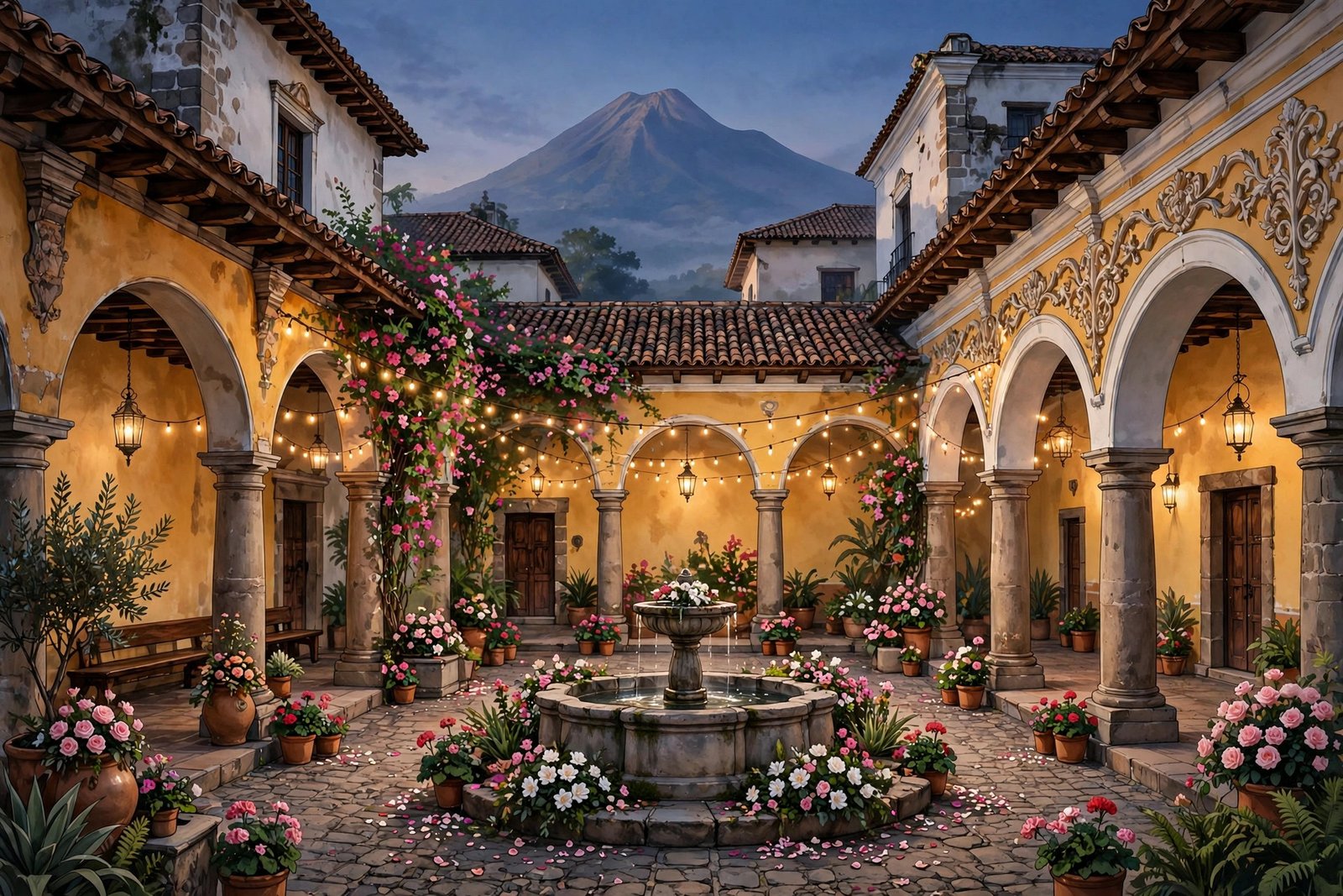 Illustration of a historic colonial courtyard wedding venue in Antigua, Guatemala, at dusk