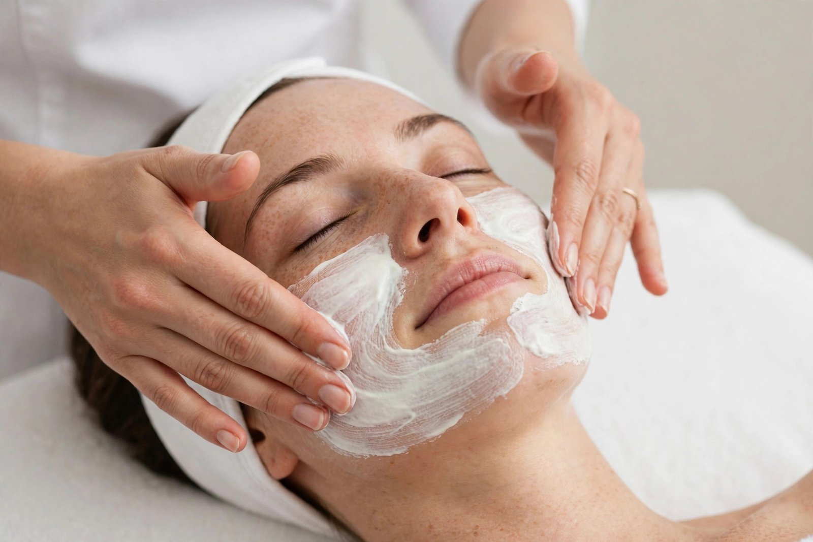 Esthetician applying a hydrating facial mask to a relaxed client during a professional facial treatment