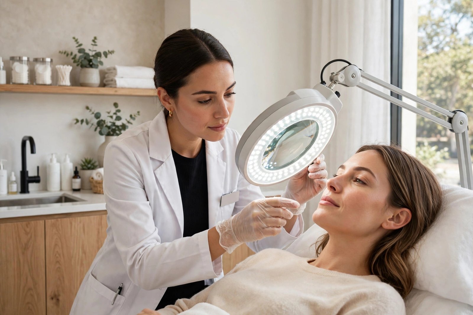 Esthetician examining a client's skin under a professional magnifying lamp during a skin consultation