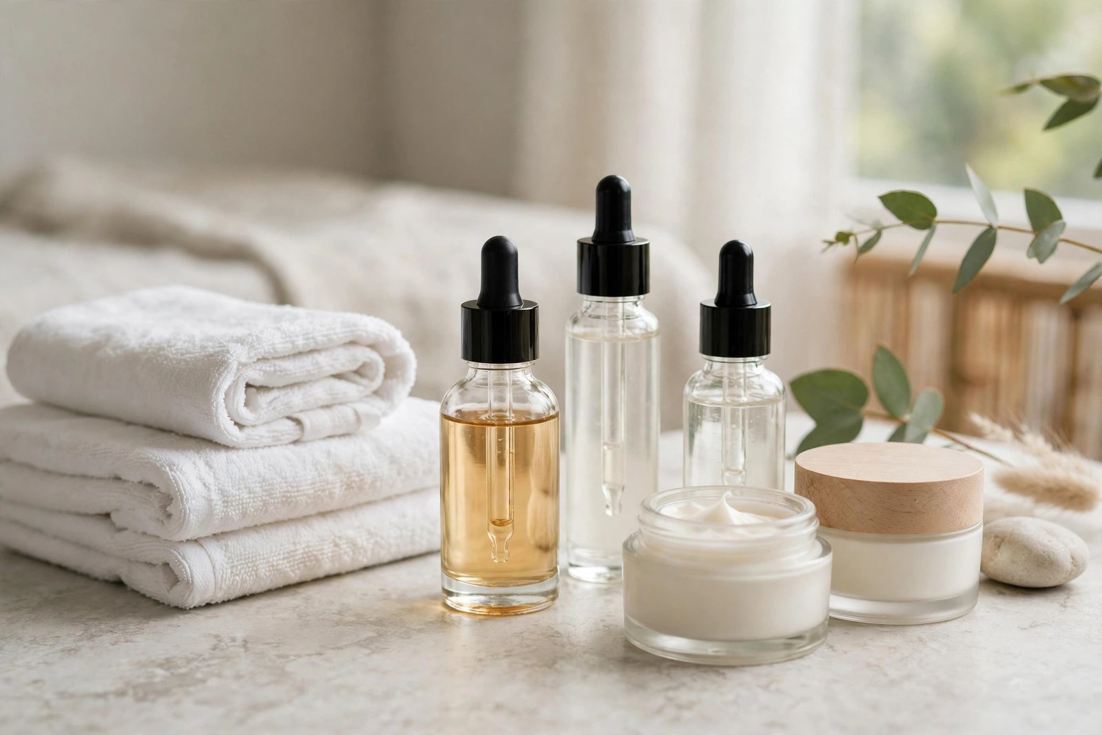 Professional-grade serums and moisturizers arranged on a spa counter beside fresh white towels