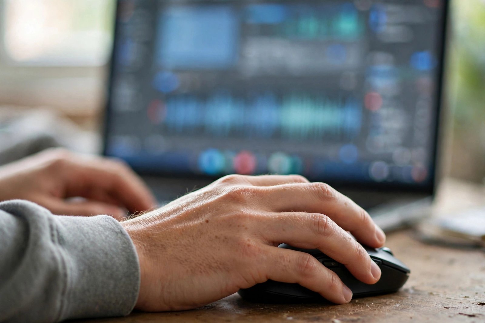 Hands using a computer mouse in front of a blurred monitor showing screen recording software controls