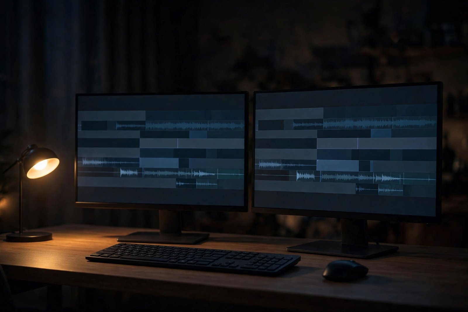 Dual monitor video editing workspace with a dark editing timeline on a clean desk