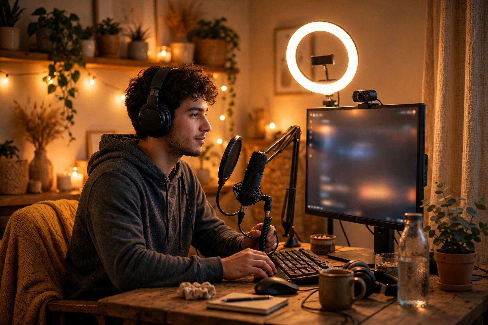 Content creator streaming setup with headphones, ring light, webcam, and microphone at a desk