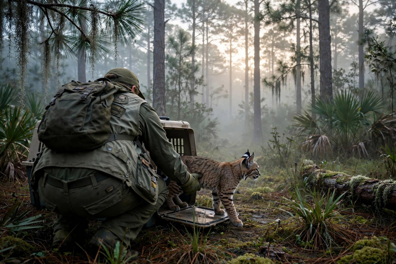 Wildlife rehabilitator releasing a young bobcat back into Florida pine flatwoods at dawn, similar to the bobcat release work of Jamie Veronica Murdock