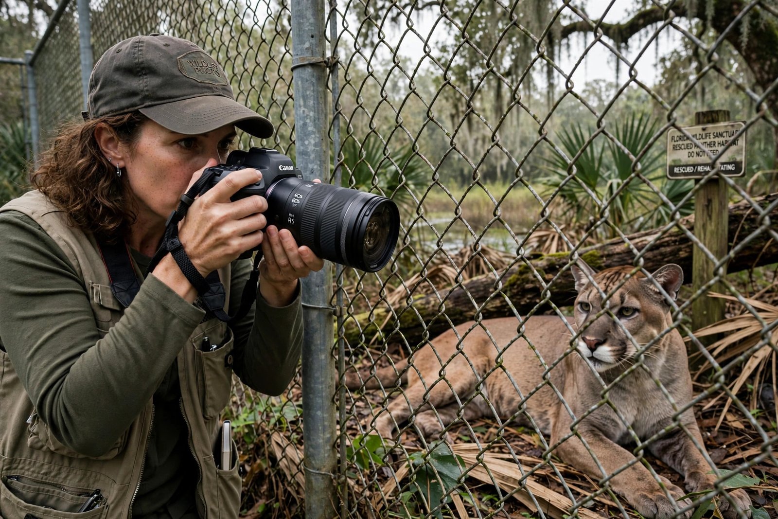 Photographer with a professional camera documenting rescued big cats at a Florida wildlife sanctuary, reflecting Jamie Veronica Murdock's photography career