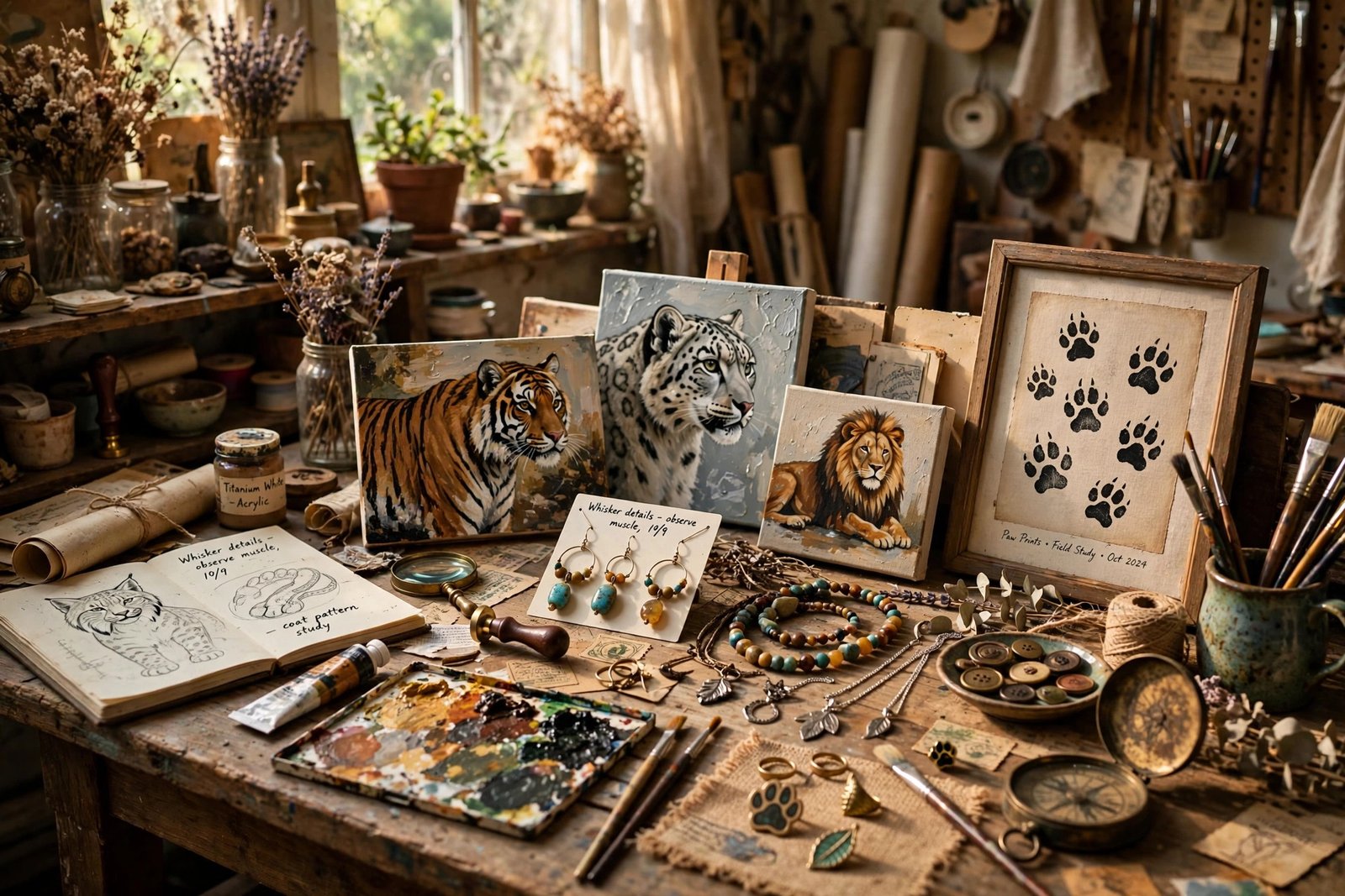 Art studio workspace with wildlife paintings, paw-print art and handcrafted pieces, similar to the Dancing Butterfly Arts studio of Jamie Veronica Murdock