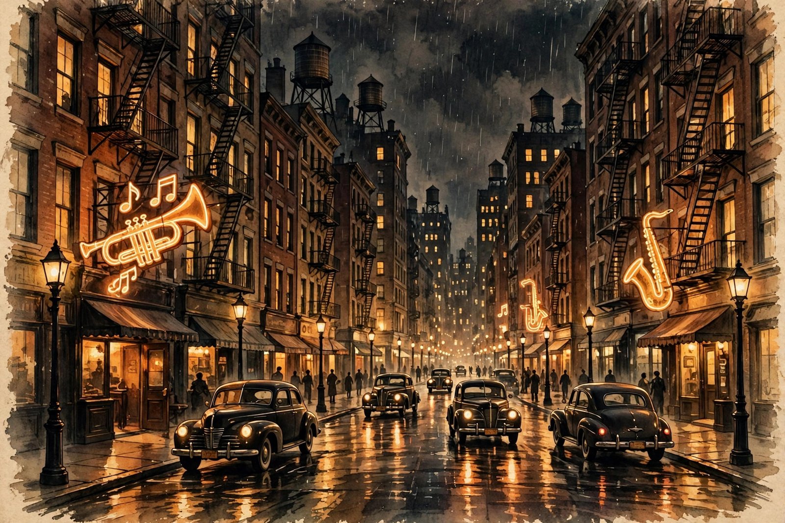 Illustration of a 1940s New York jazz street at night, evoking the era when Jimmy Monroe married Billie Holiday