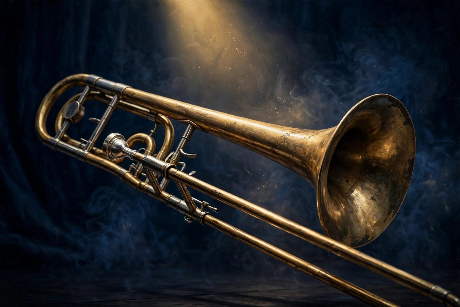 Illustration of a brass trombone under a spotlight on a dark jazz stage