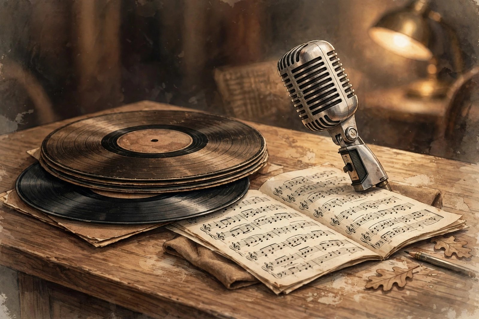 Illustration of vintage vinyl records, a microphone, and sheet music from the 1940s jazz era