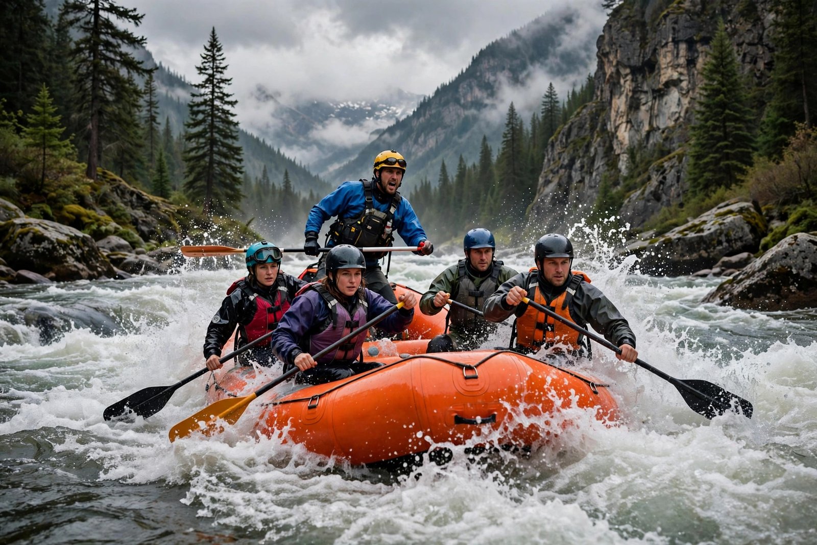 Illustrative whitewater rafting scene representing Lorelei Hutch's reported early career as a raft guide