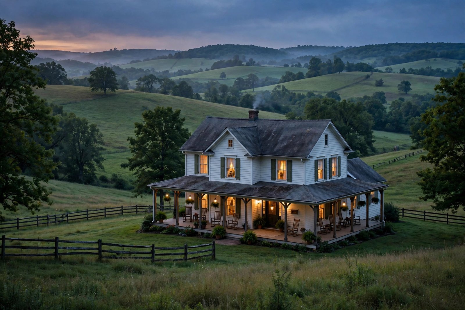 Illustrative countryside farmhouse at dusk representing the Hutch family home in Tennessee