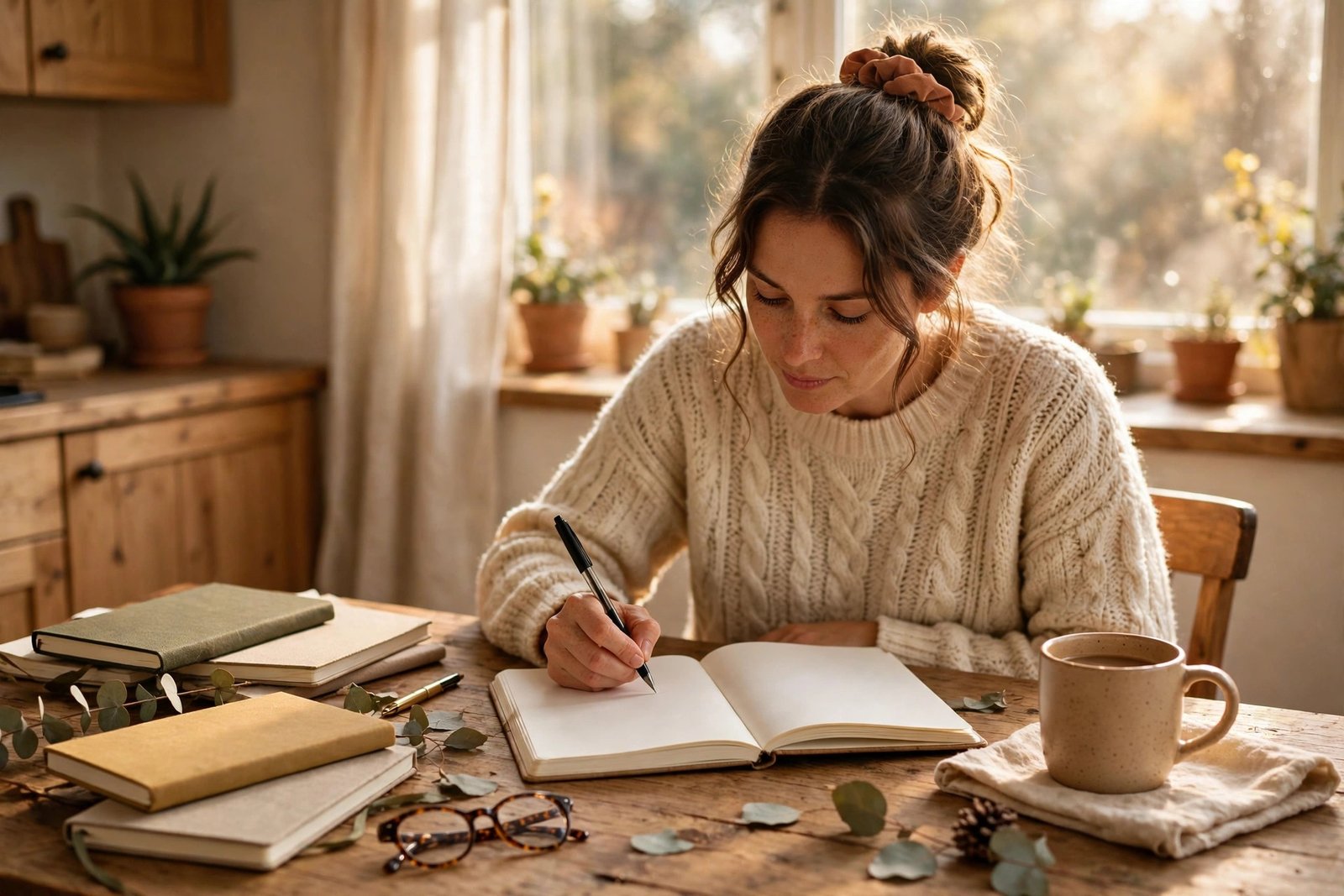 Illustrative image of a woman writing in a journal at a sunny table, representing Lorelei Hutch's interest in writing and creative goals