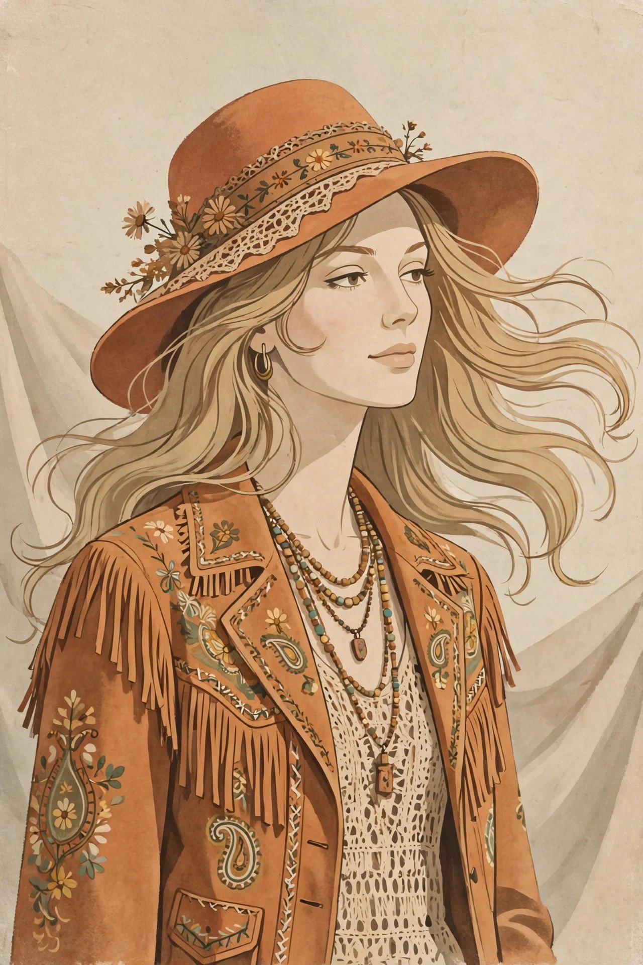 Editorial illustration of a 1970s fashion model figure in vintage bohemian clothing