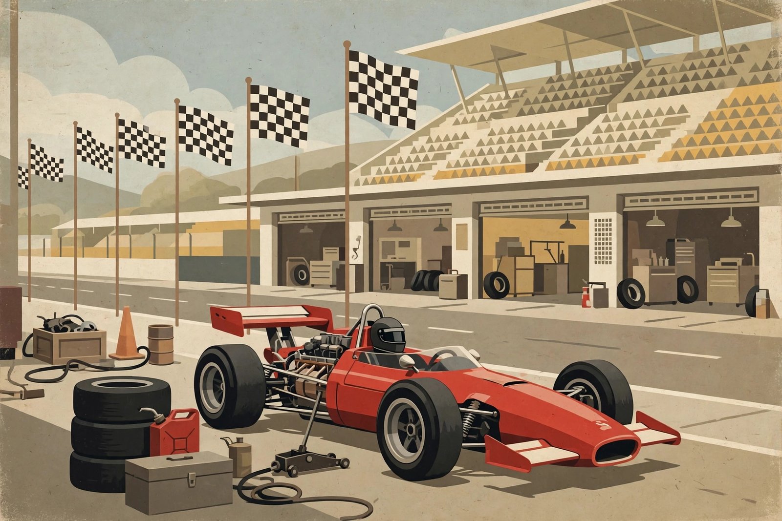 Editorial illustration of a vintage 1970s Formula One pit lane with a classic open wheel race car
