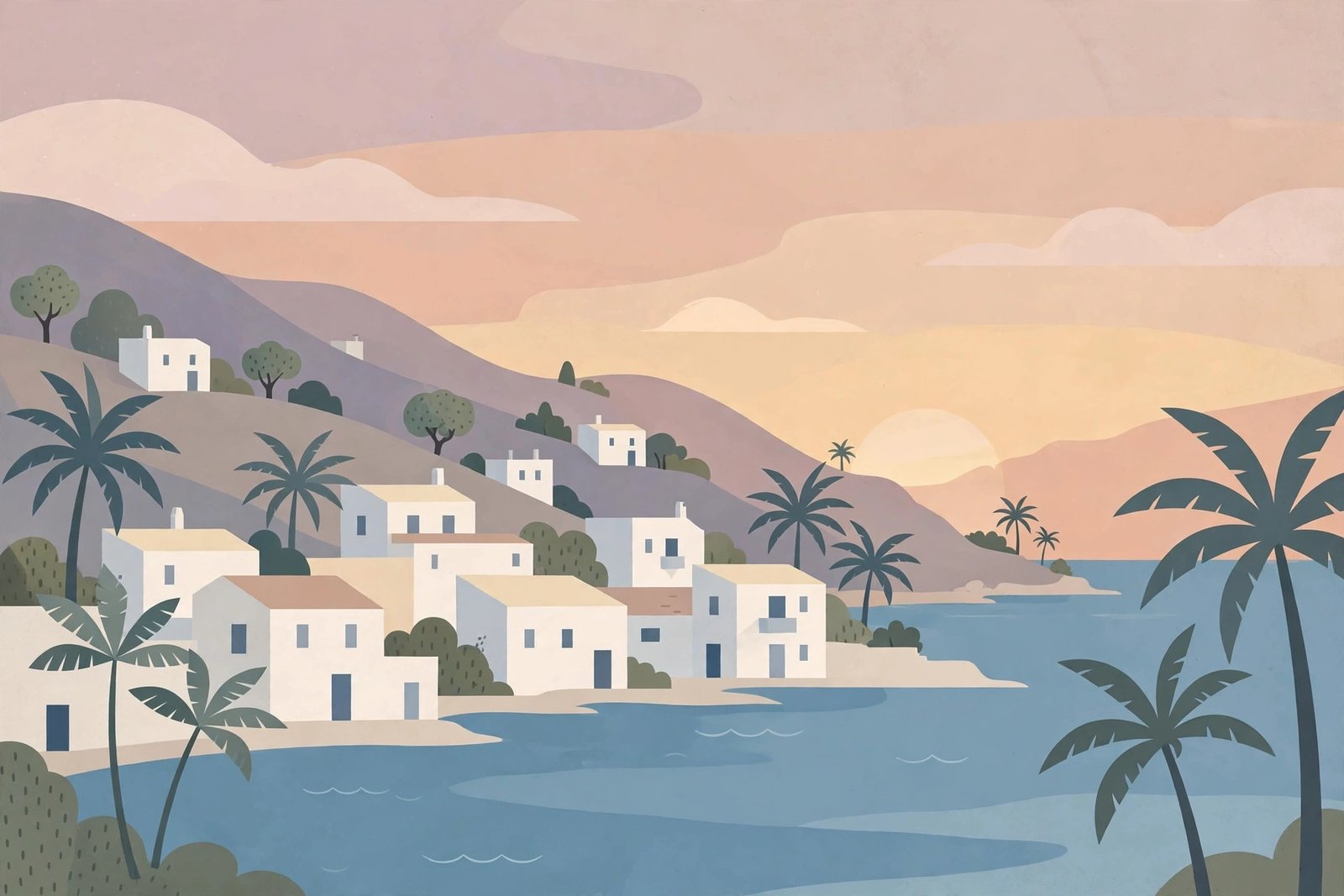 Editorial illustration of a peaceful Mediterranean island coastal scene at sunset