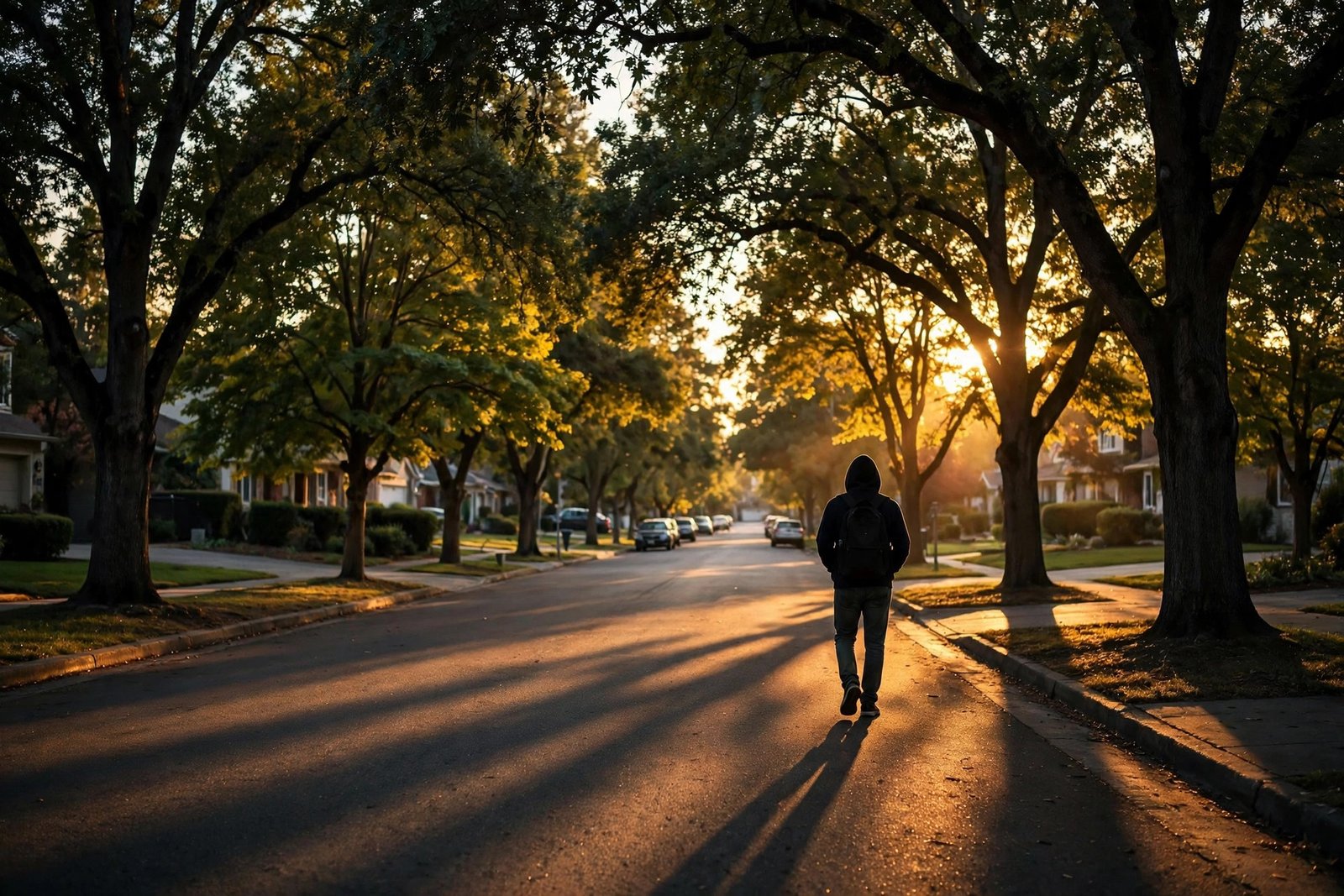 Anonymous silhouette walking down a tree-lined street at golden hour, illustrating the low public profile of Sascha Corwin