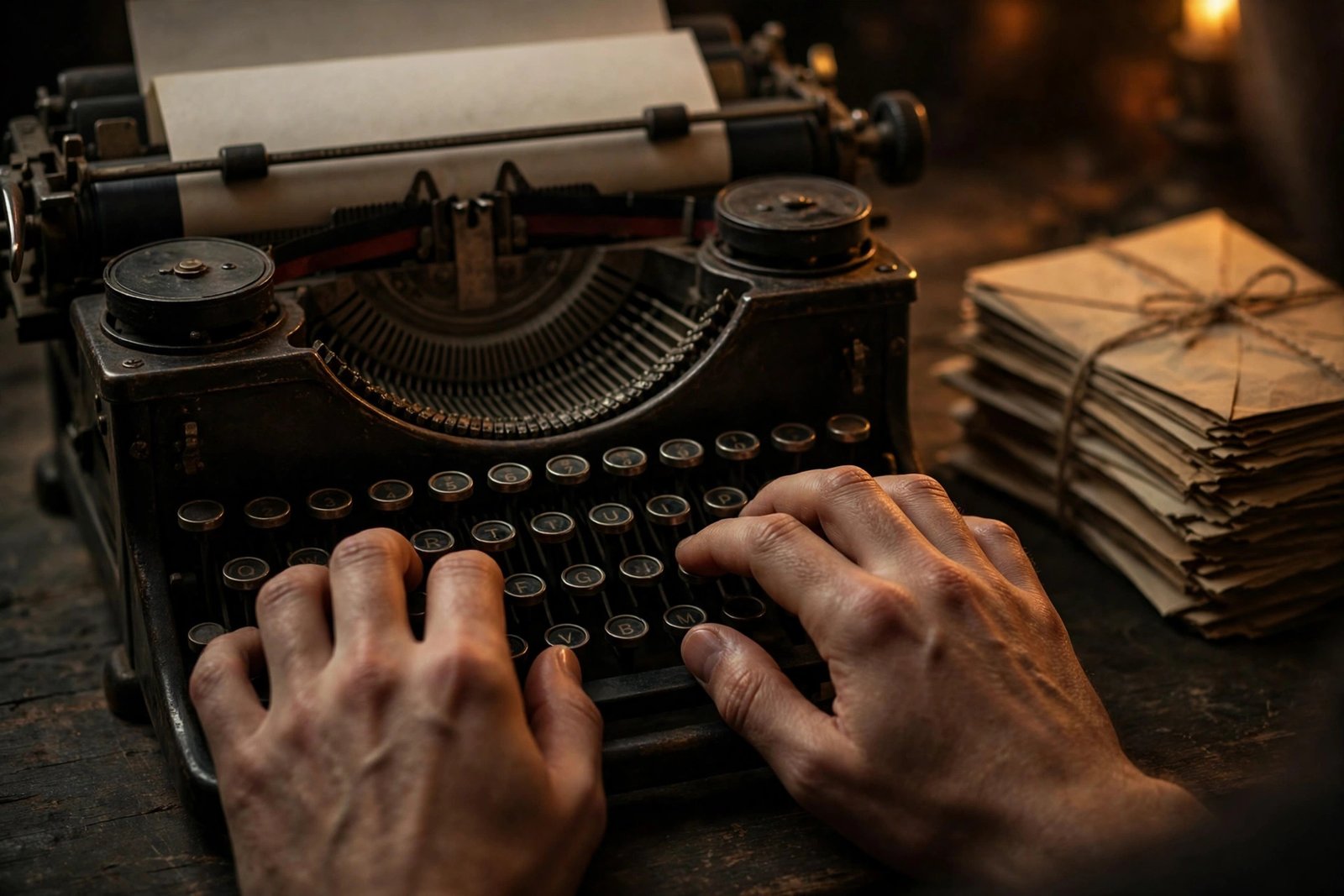 Hands typing on a vintage typewriter, symbolizing the unverified online claims surrounding Sascha Corwin