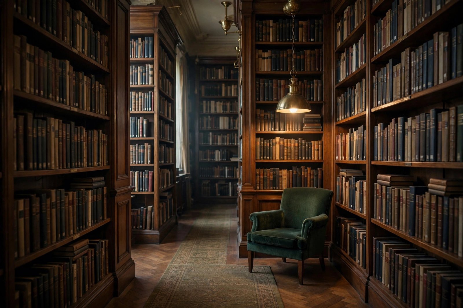 Quiet library aisle with bookshelves, representing the sparse verified records about Sascha Corwin