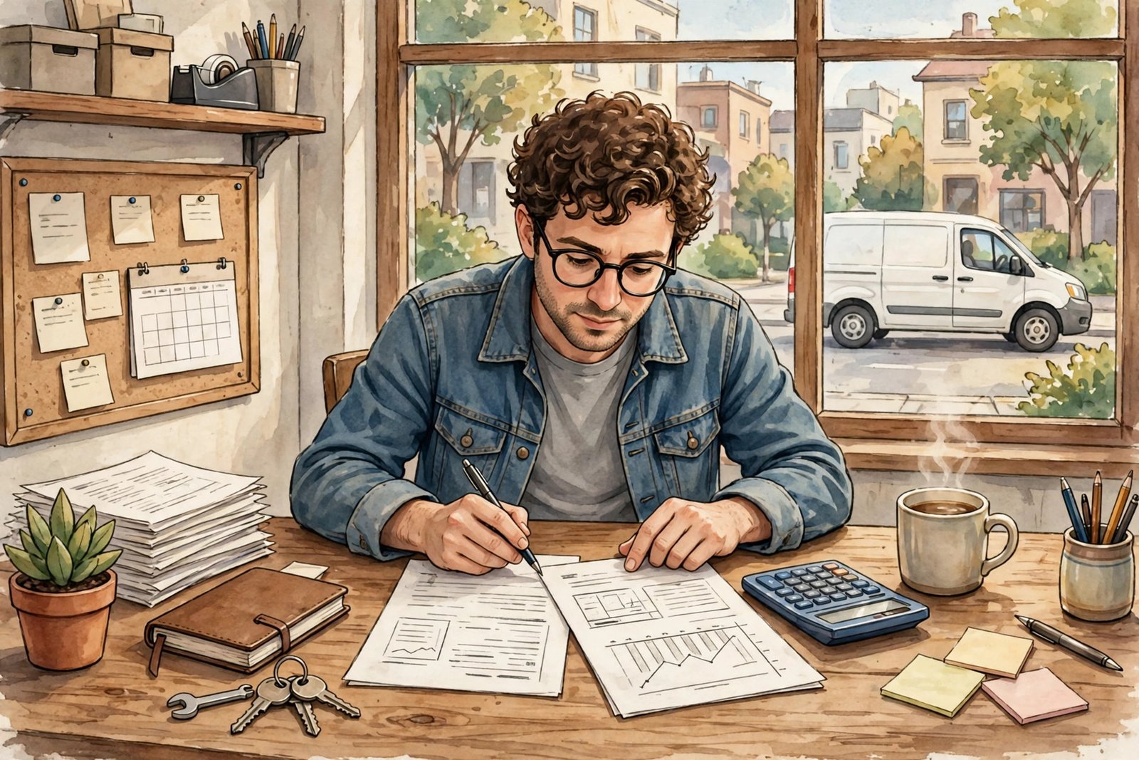 Small business owner comparing business auto loan documents and a calculator at a desk