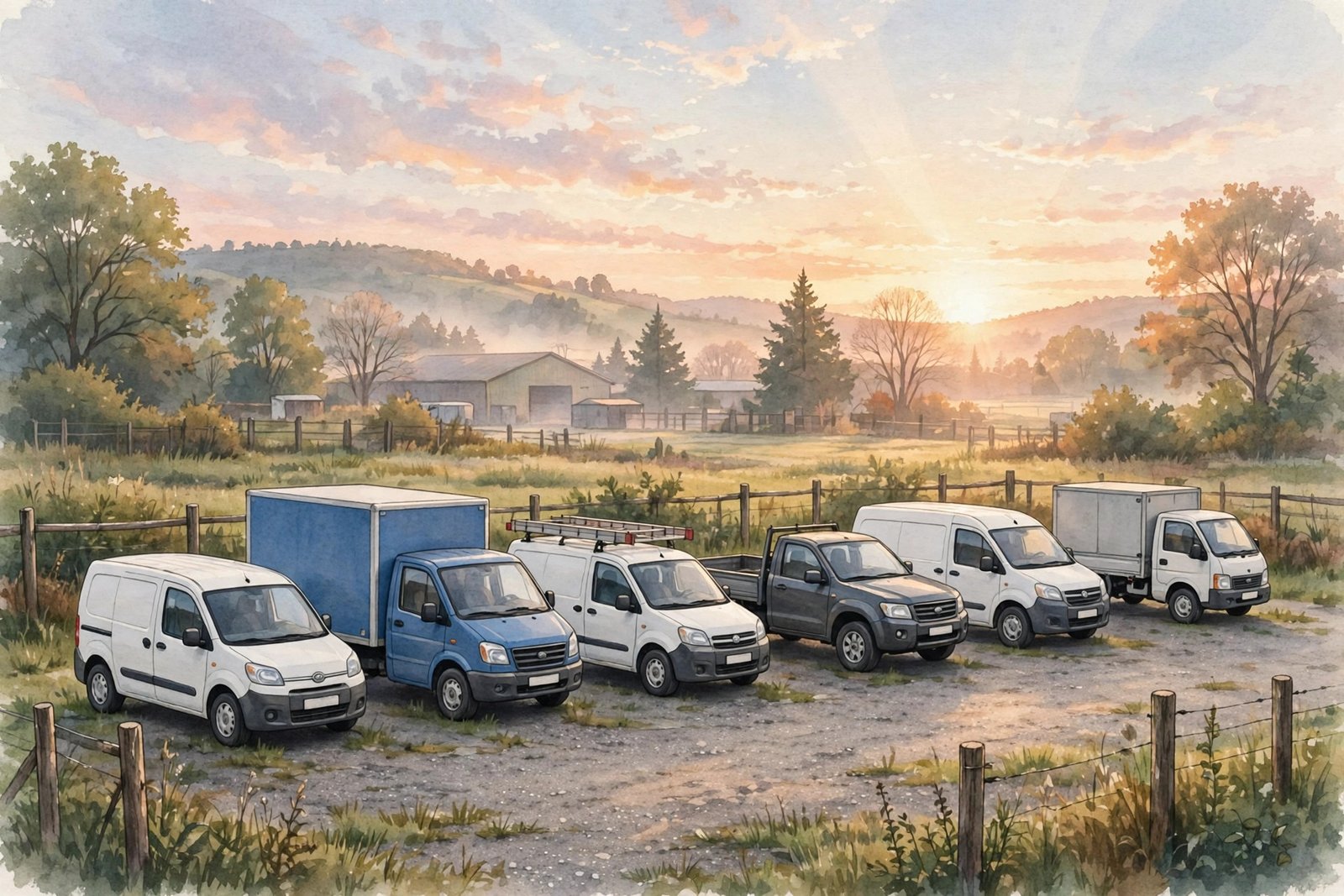 Fleet of small business vans and trucks parked in a yard