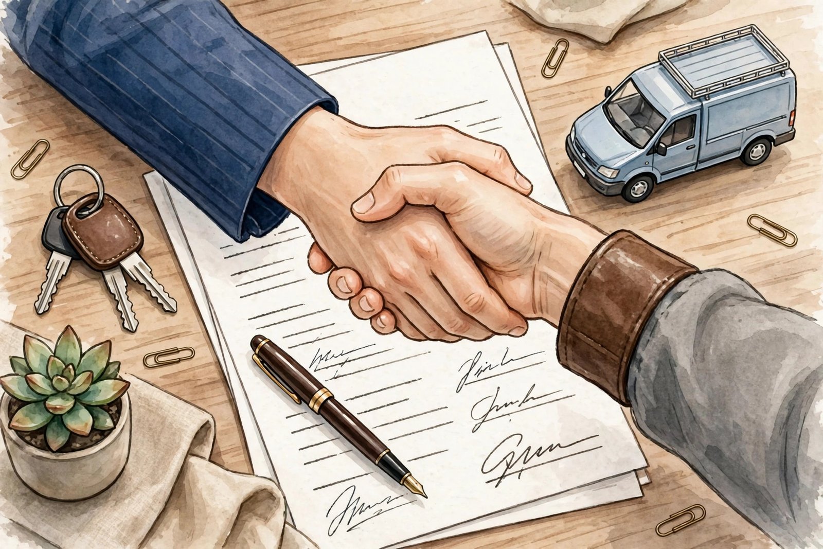 Business owner signing refinanced auto loan paperwork with vehicle keys on a desk