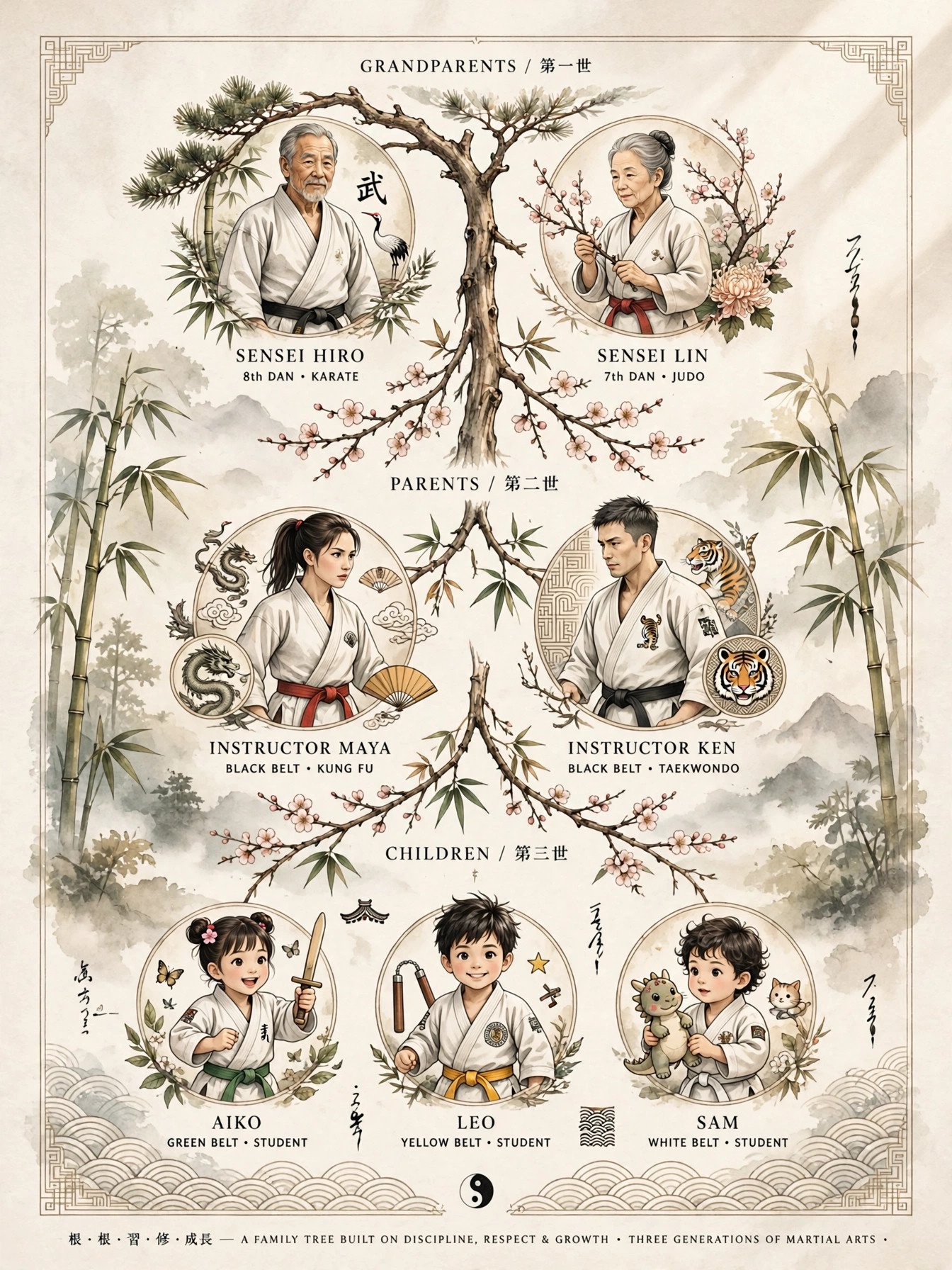 Editorial illustration of a three-generation martial arts family tree in watercolor style, magazine artwork