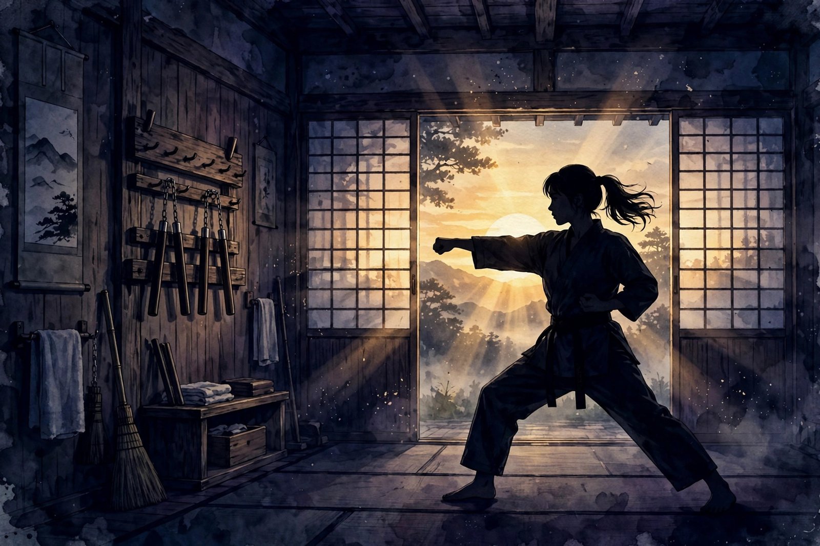 Editorial illustration of a woman's silhouette practicing martial arts in a dojo at sunrise, nunchaku on the wall, cinematic artwork