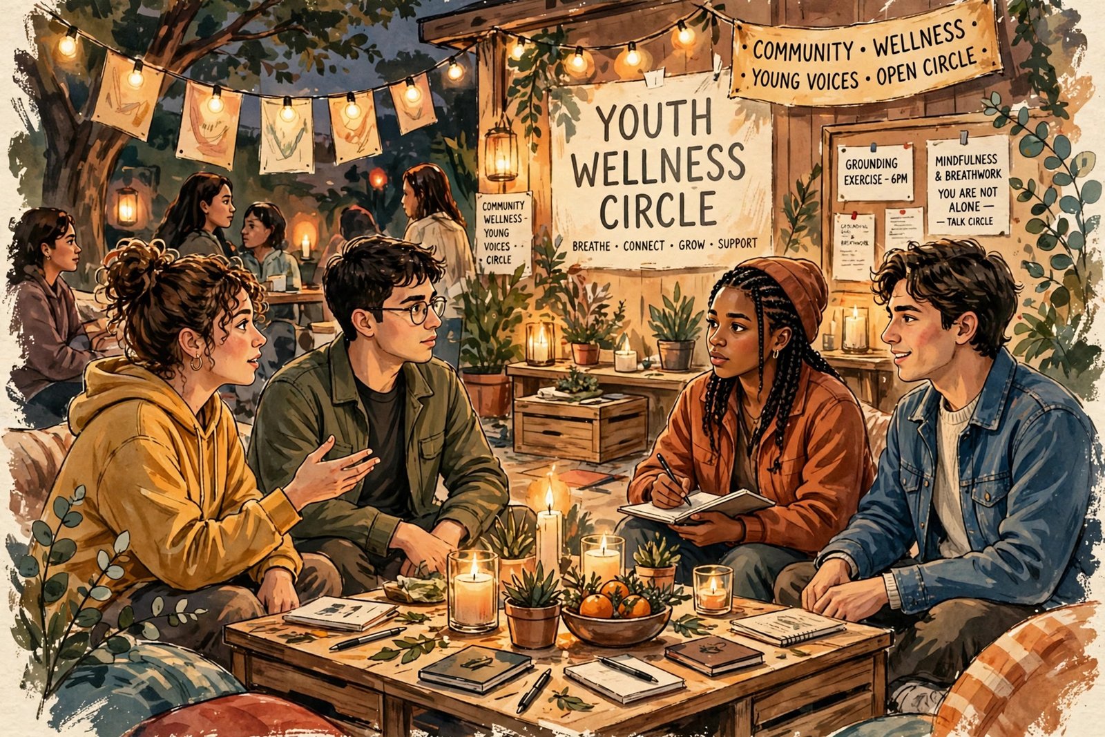 Editorial illustration of a young woman lighting candles at a community youth wellness event, warm cinematic tones