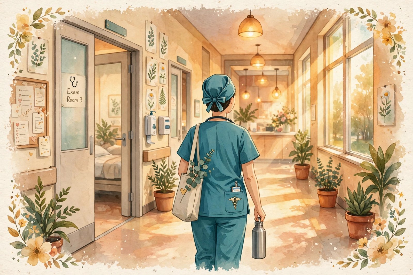 Editorial illustration of a nurse in scrubs walking down a bright hospital corridor