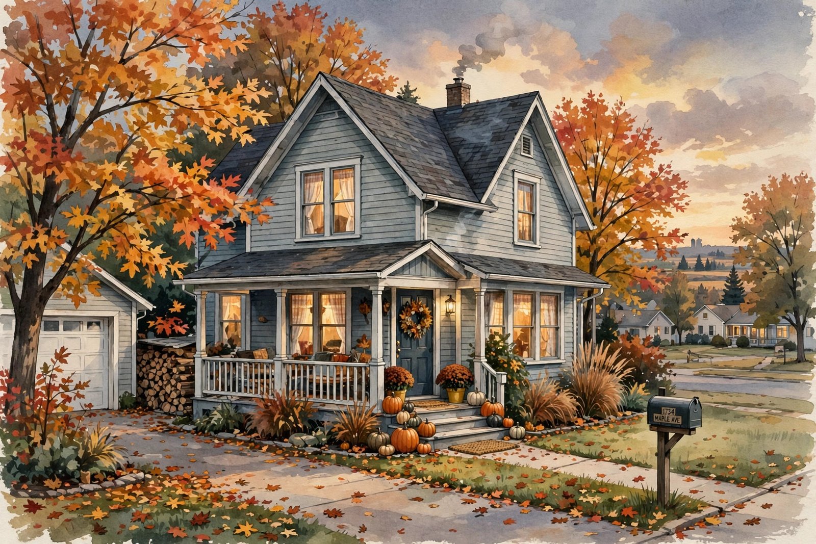 Editorial illustration of a cozy Midwestern family home in Minnesota in autumn