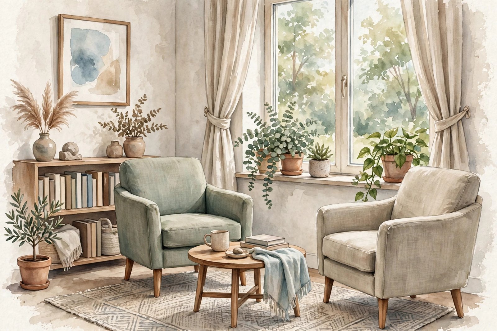 Editorial illustration of a calm counseling therapy room with two armchairs near a window