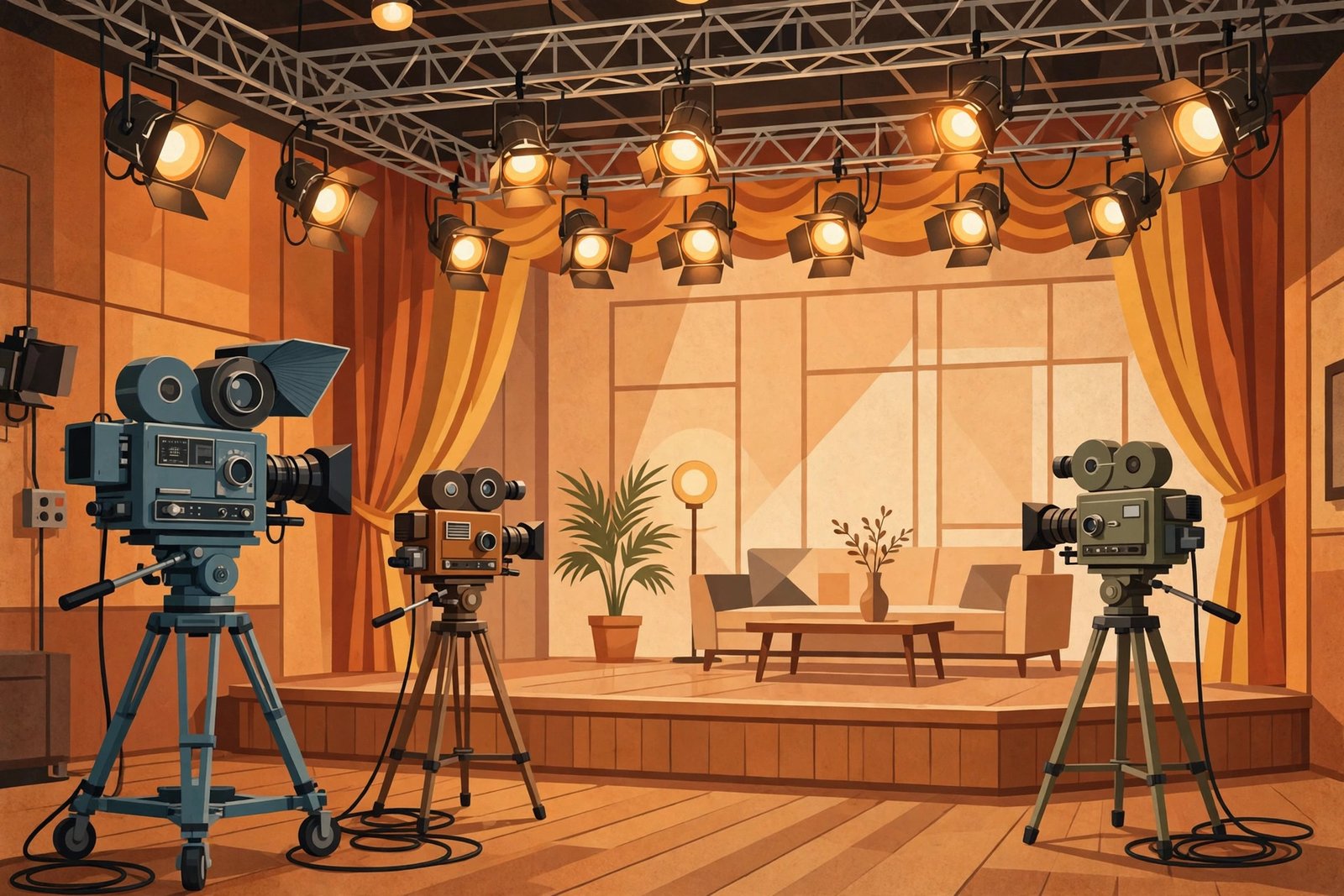 Stylized editorial illustration of a retro television studio, representing Grace Gail's family background in entertainment