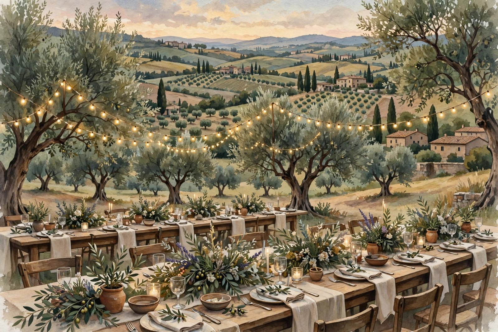 Stylized editorial illustration of an outdoor wedding celebration in the Italian countryside