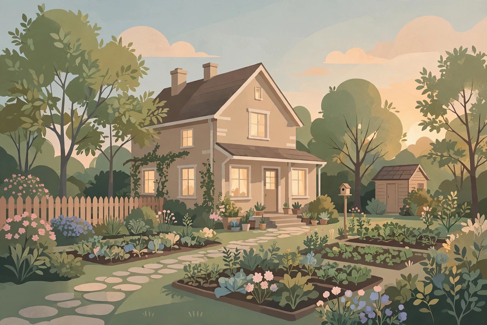 Stylized editorial illustration of a peaceful family home garden at evening light