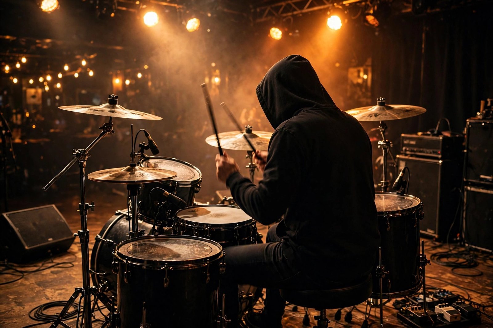 A drummer performing live on a concert stage under warm spotlights