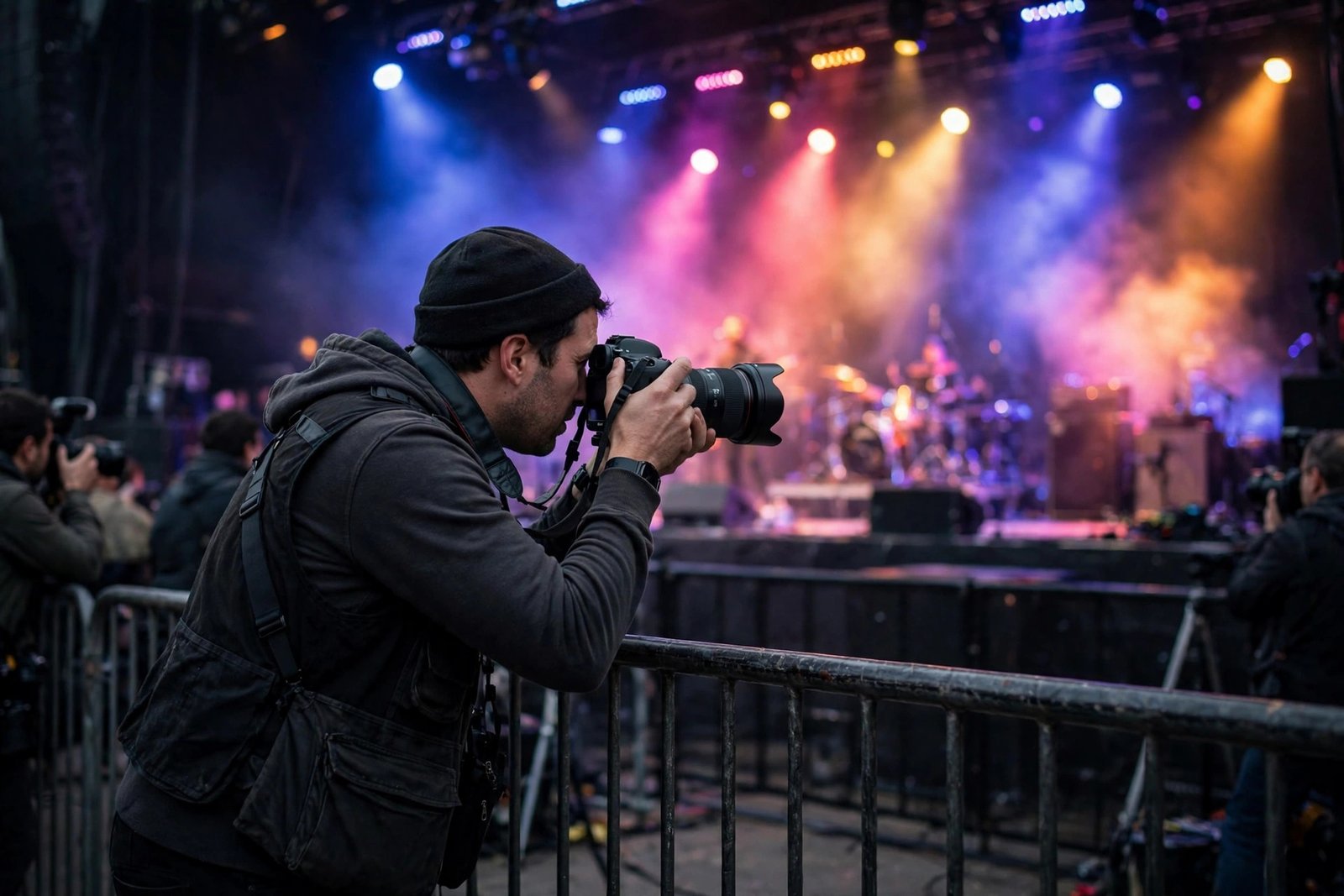 A concert photographer capturing a live performance from the photo pit
