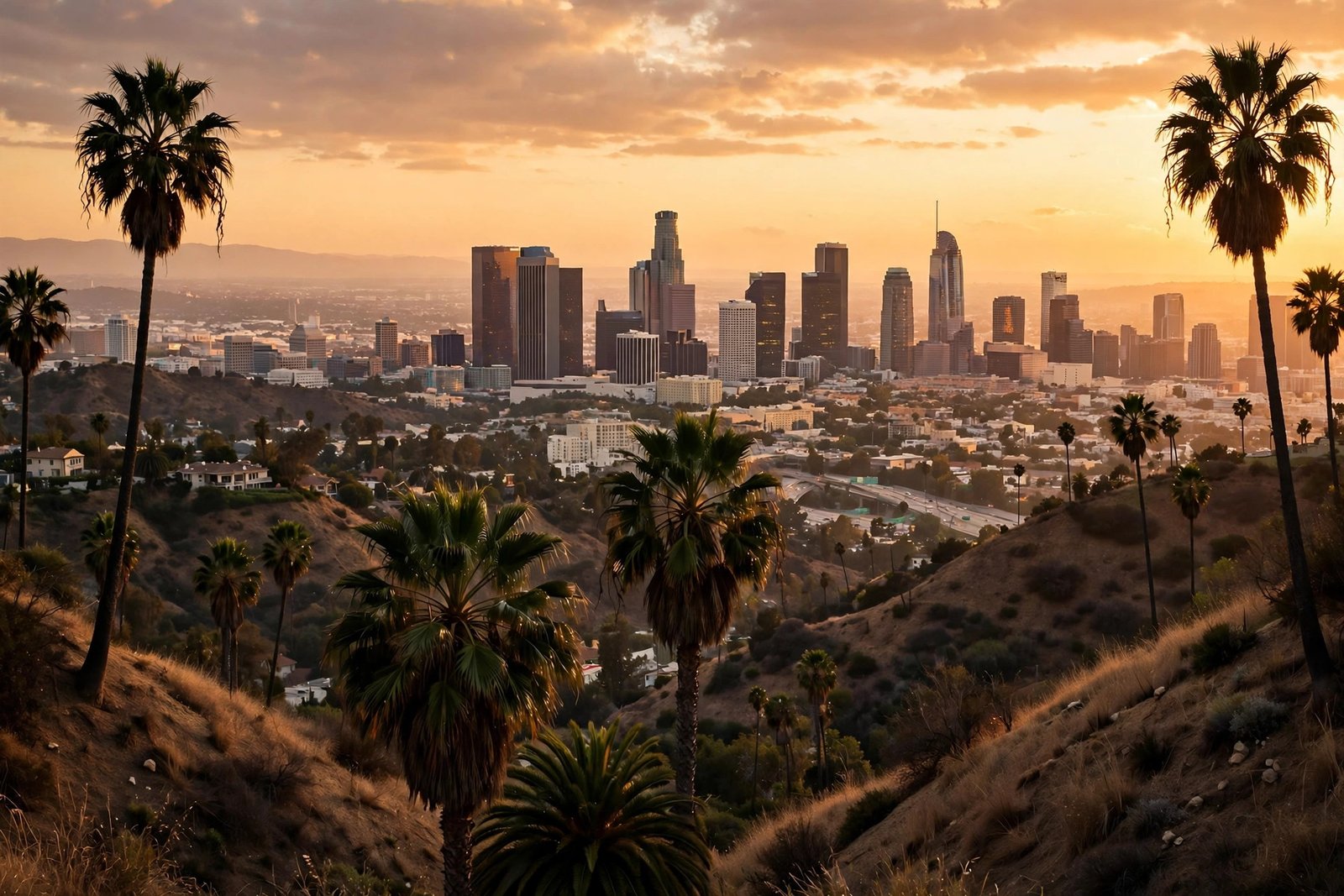 Los Angeles skyline at golden hour with palm trees, the city where Joseph Charles Hunt grew up