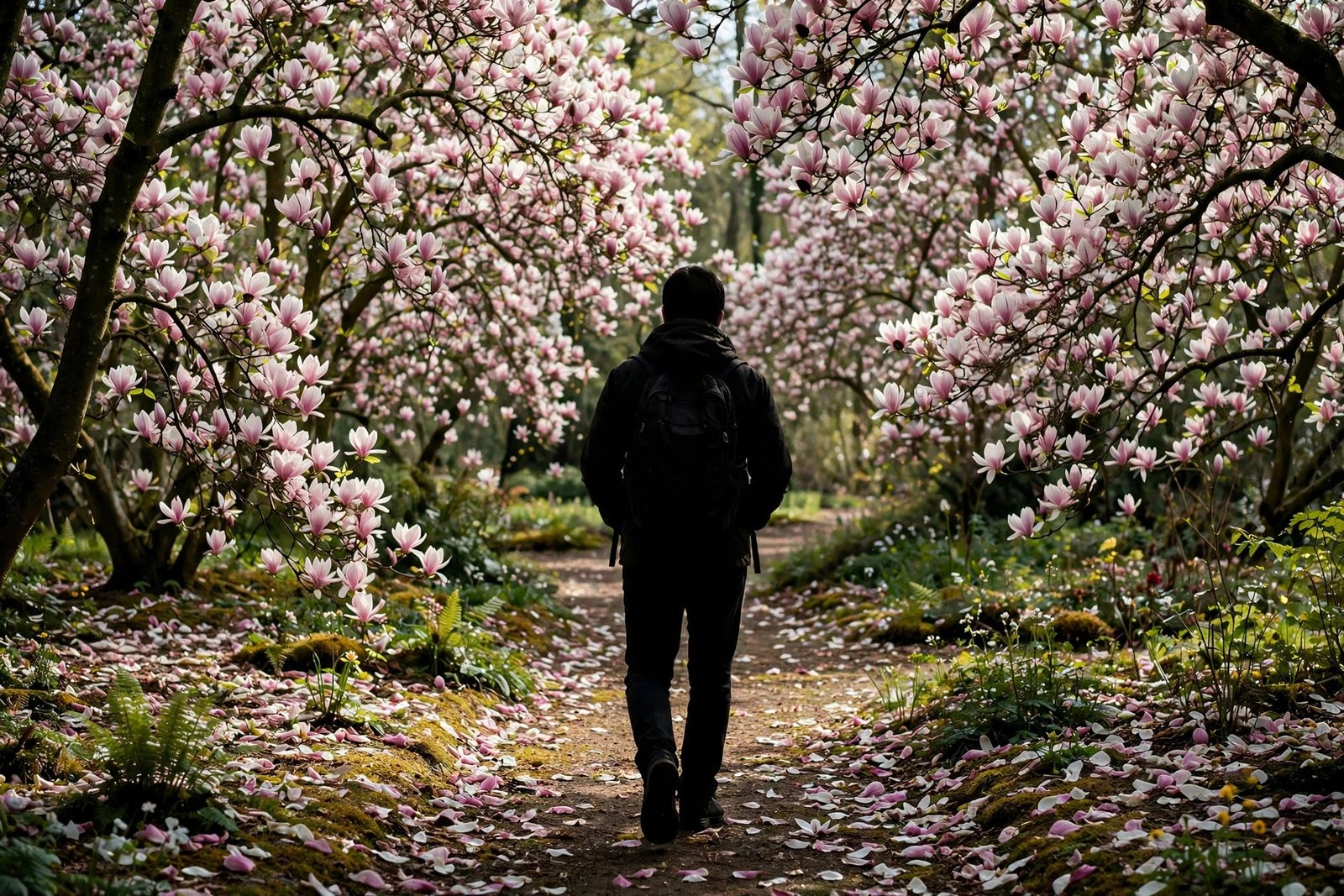 Anonymous silhouette on a blooming magnolia garden path, editorial imagery for the Ladonna Pendergrass profile