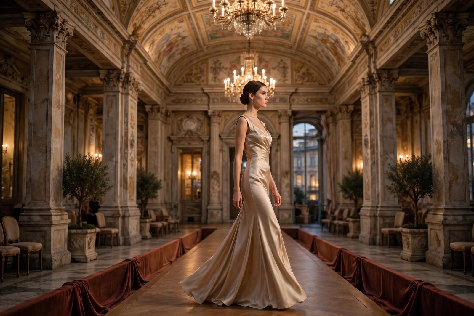 Elegant fashion runway inside a historic Milan palazzo during Milano Fashion Week