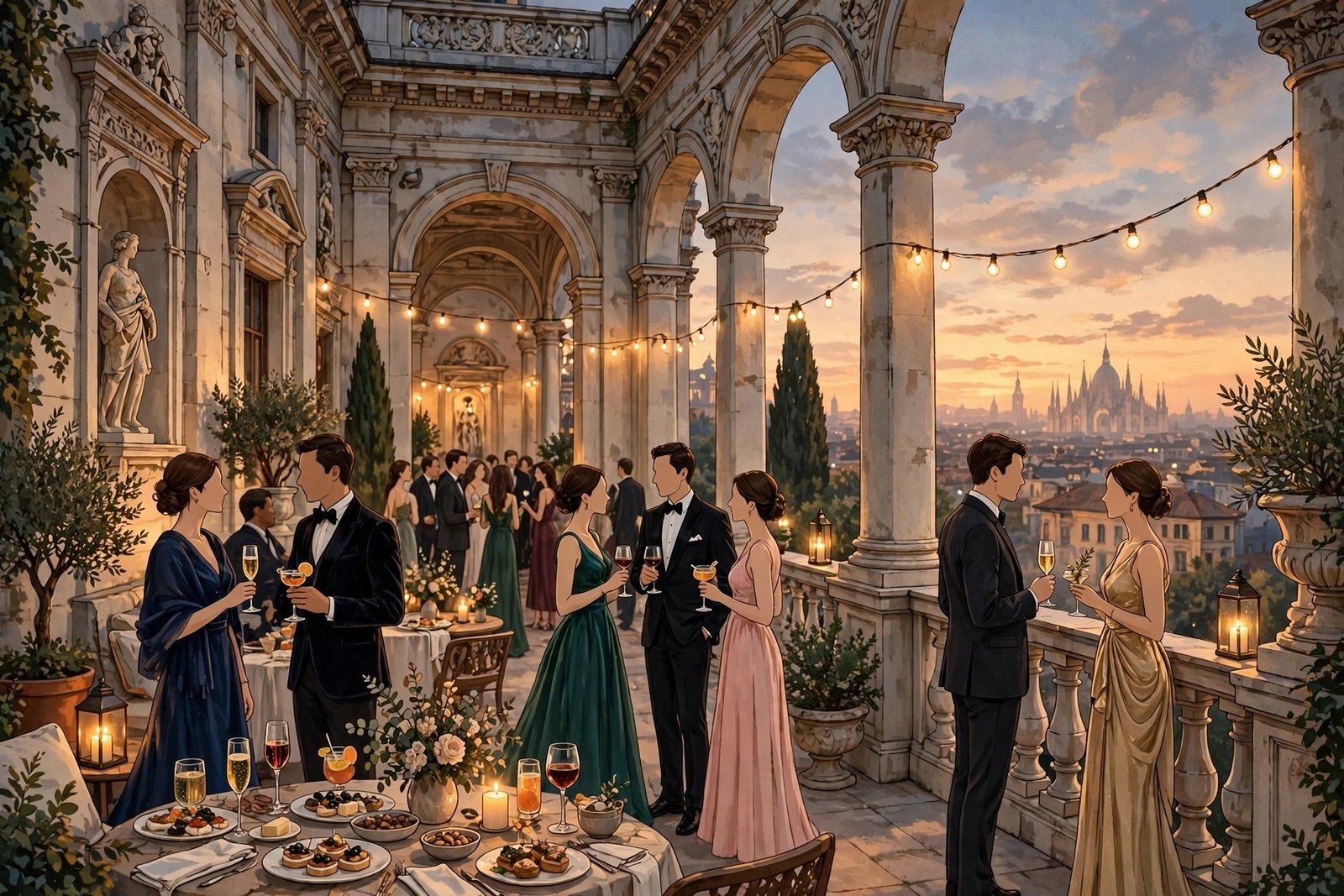 Sophisticated evening reception on the terrace of a historic Milan palazzo