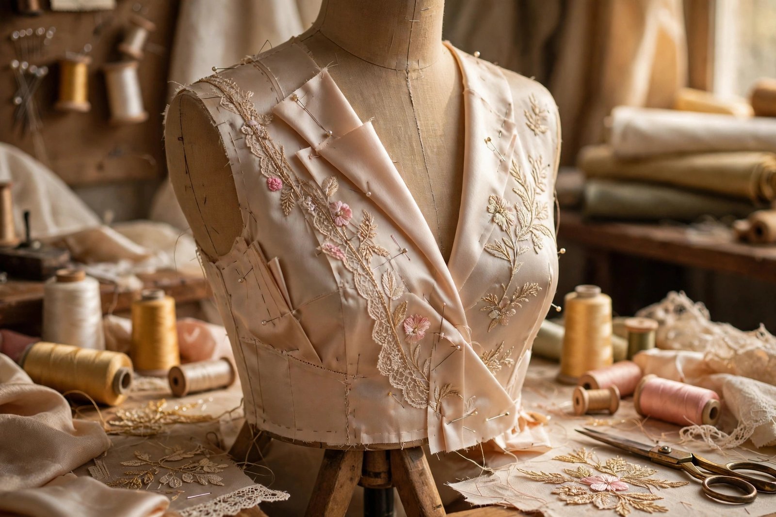 Close view of couture tailoring details, silk fabric and embroidery in an Italian atelier