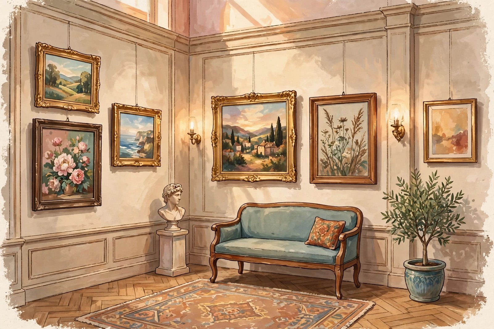 Illustrated art gallery interior with framed paintings on the walls