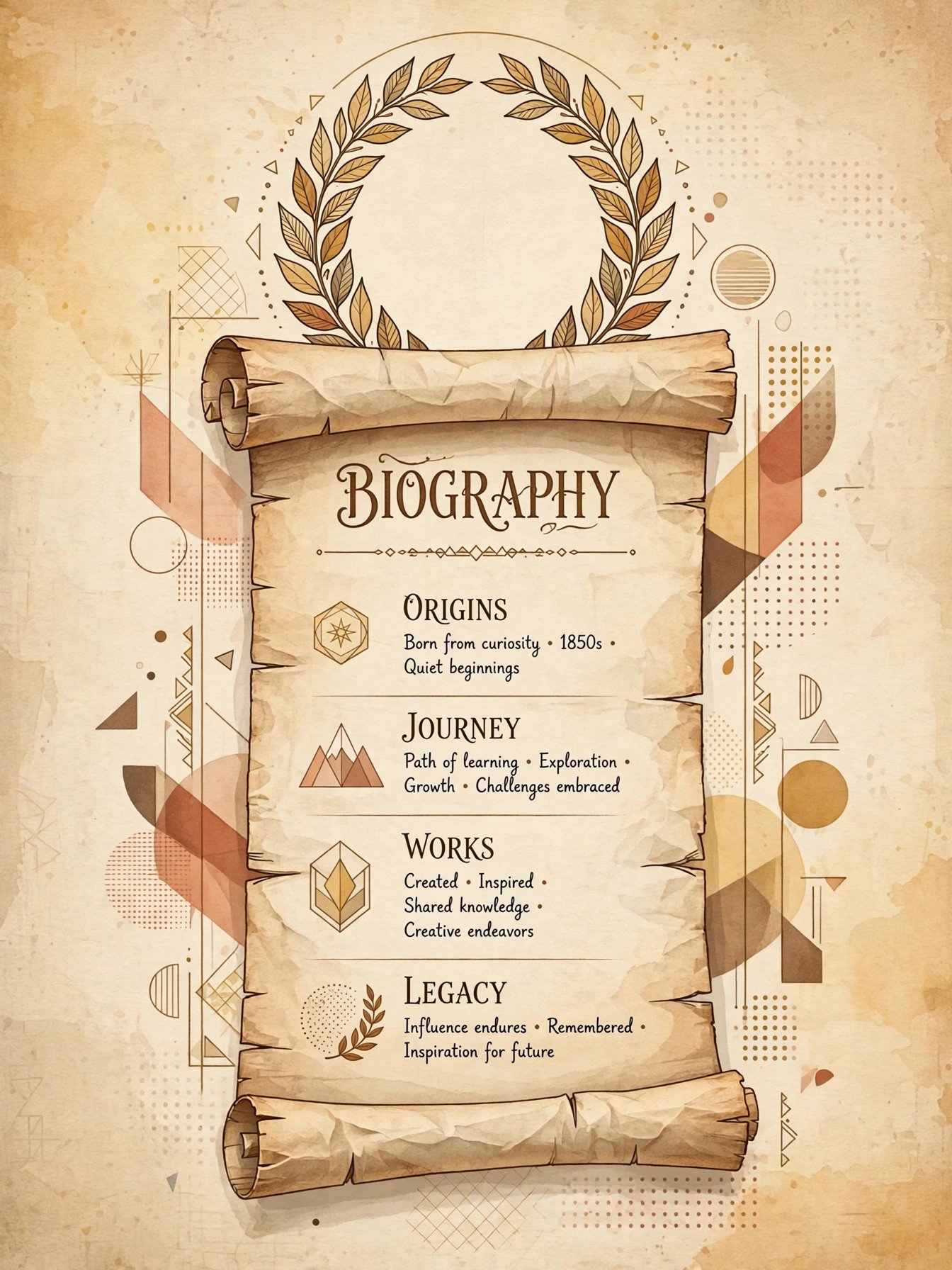 Illustrated parchment scroll with a laurel wreath motif representing a biography