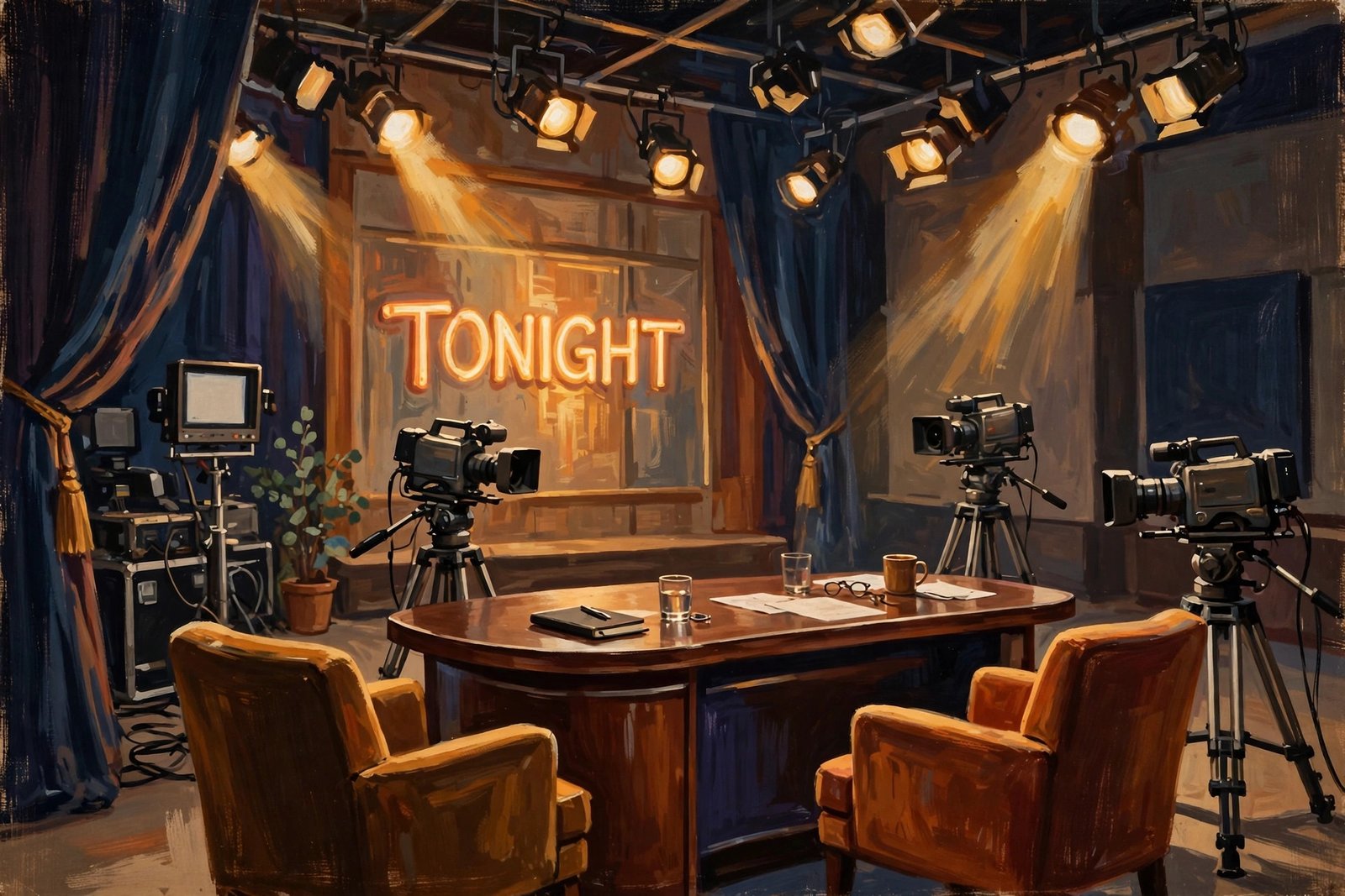 Illustrated television talk show set with studio lights and cameras