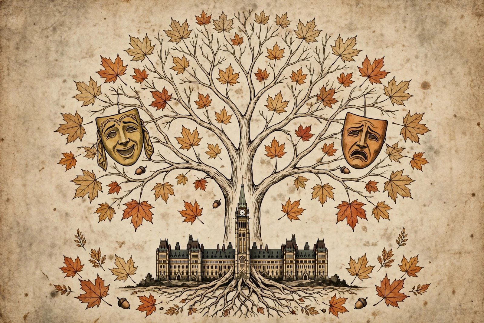 Symbolic illustration of Canadian family heritage with theatre, parliament and maple leaves